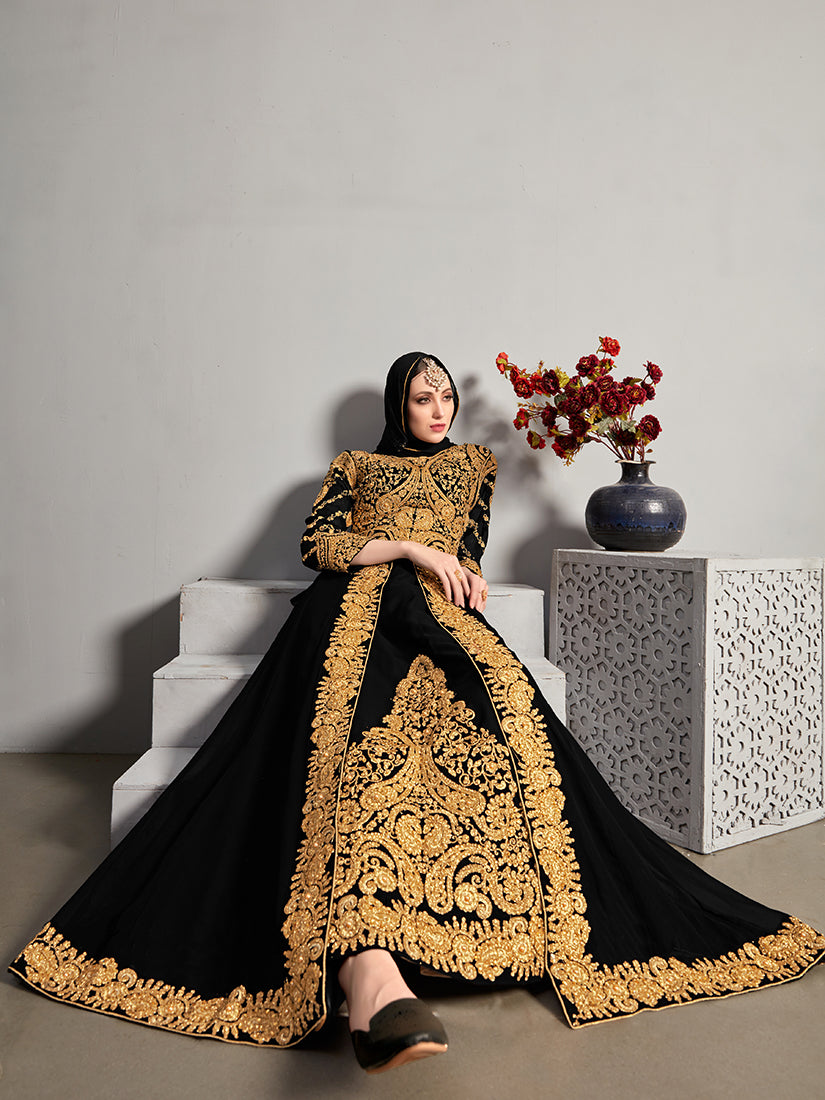 Monjolika Fashion Designer Real Georgette With Embroidered Pakistani Anarkali Suits In Black Color | Grocsy