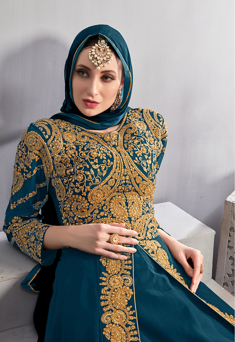 Monjolika Fashion Designer Real Georgette With Embroidered Pakistani Anarkali Suits In Teal Color | Grocsy
