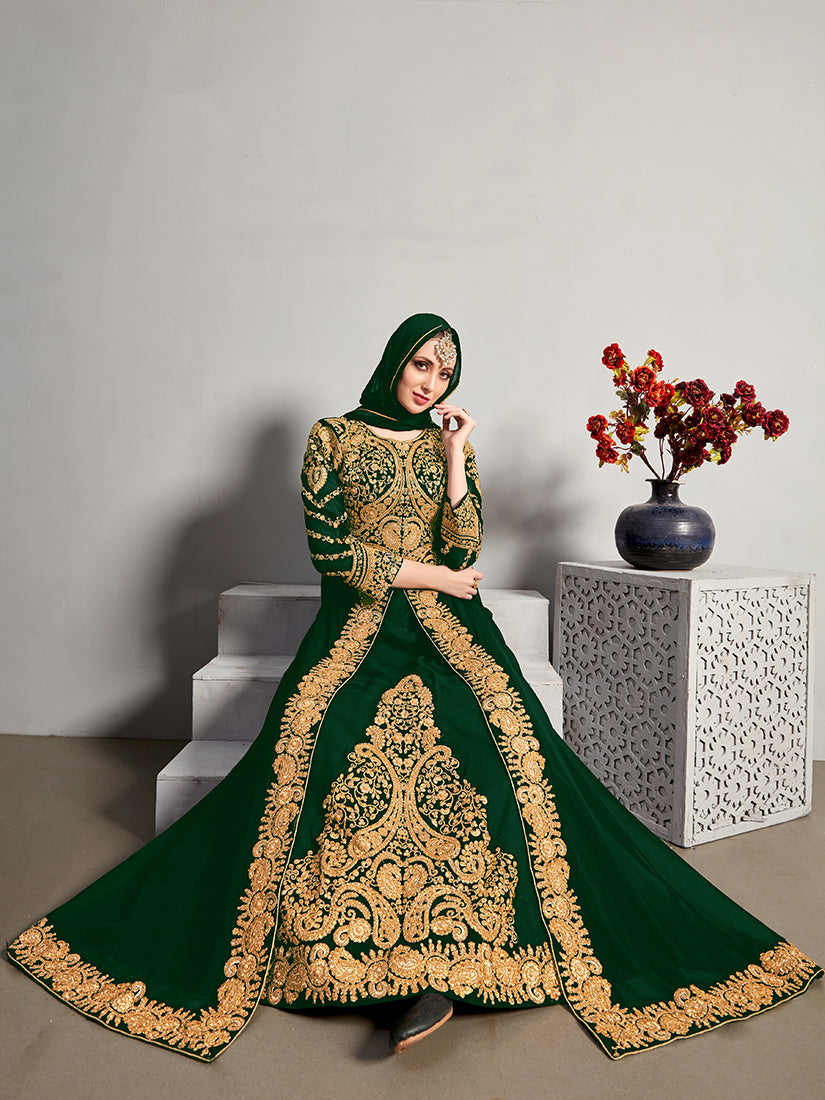 Monjolika Fashion Designer Real Georgette With Embroidered Pakistani Anarkali Suits In Dark Green Color | Grocsy