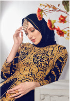 Monjolika Fashion Designer Real Georgette With Embroidered Pakistani Anarkali Suits In Navy Blue Color | Grocsy