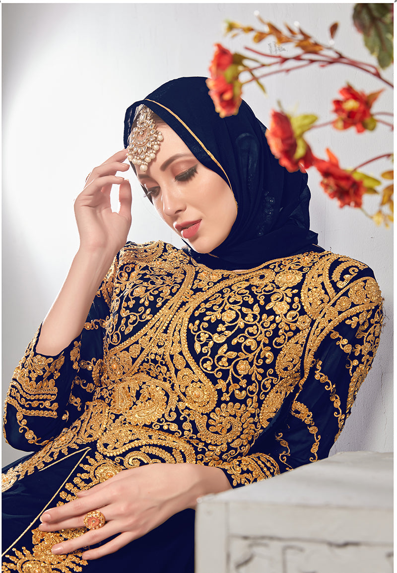 Monjolika Fashion Designer Real Georgette With Embroidered Pakistani Anarkali Suits In Navy Blue Color | Grocsy