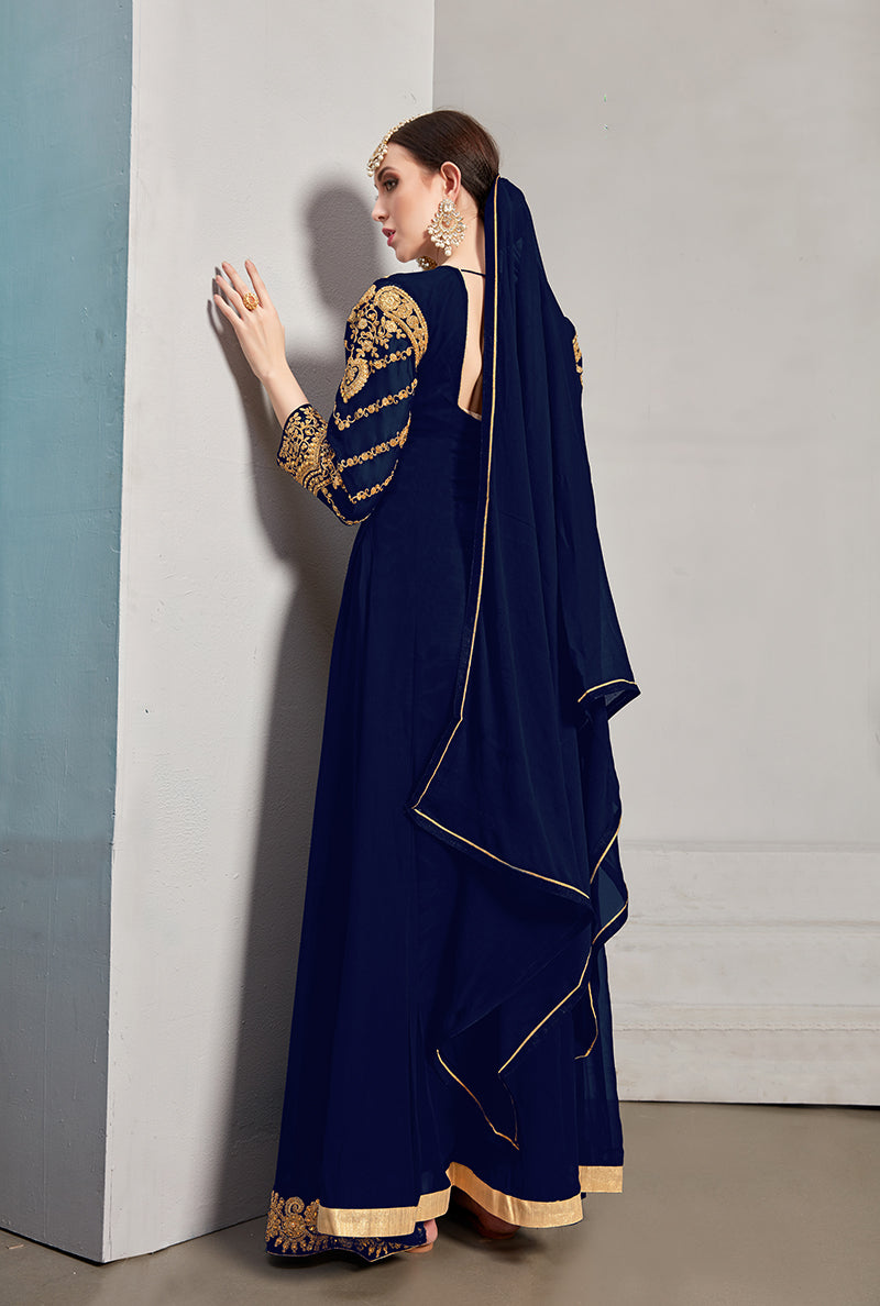 Monjolika Fashion Designer Real Georgette With Embroidered Pakistani Anarkali Suits In Navy Blue Color | Grocsy