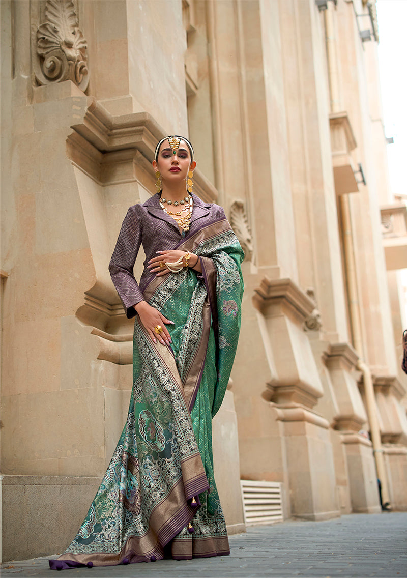 Monjolika Fashion Foil Print Green Viscose Silk Classic Saree | Grocsy