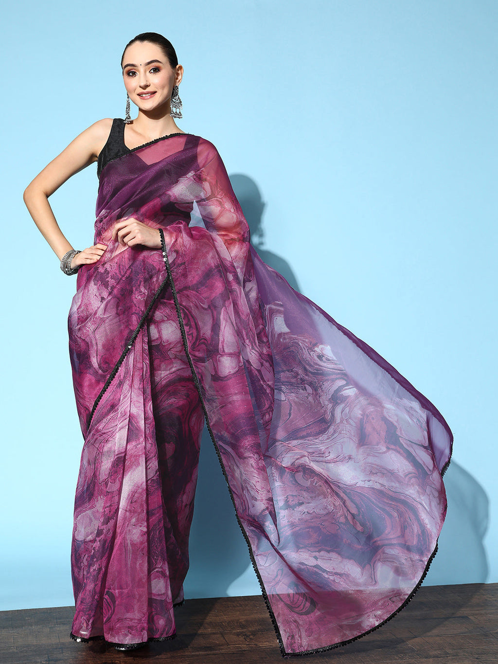 Tikhi Imli Purple & Grey Abstract Print Net Saree | Grocsy