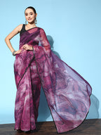 Tikhi Imli Purple & Grey Abstract Print Net Saree | Grocsy
