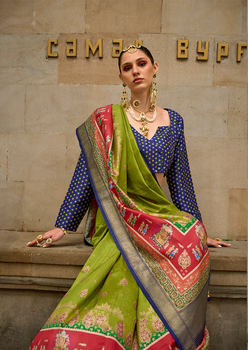 Monjolika Fashion Foil Print Ligh Green Viscose Silk Classic Saree | Grocsy