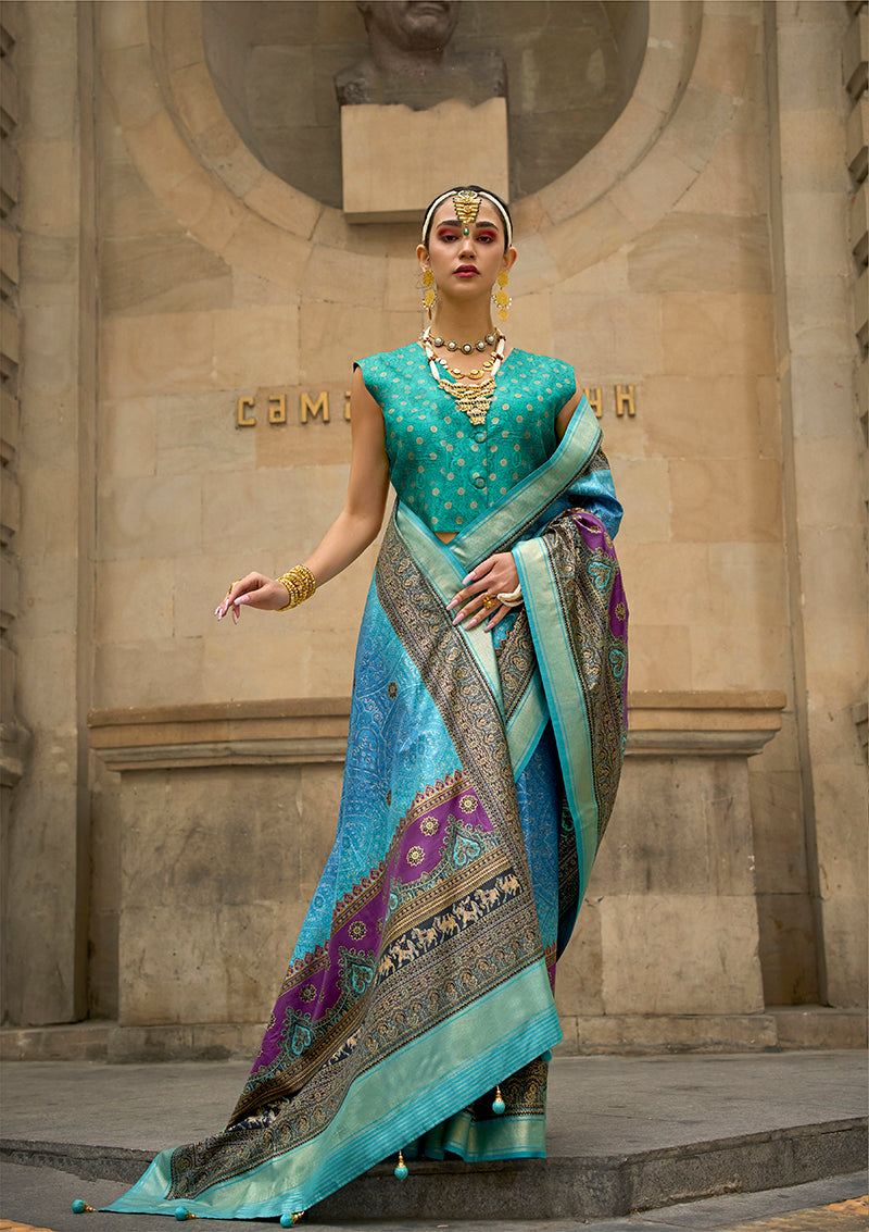 Monjolika Fashion Foil Print Firozi Viscose Silk Classic Saree | Grocsy