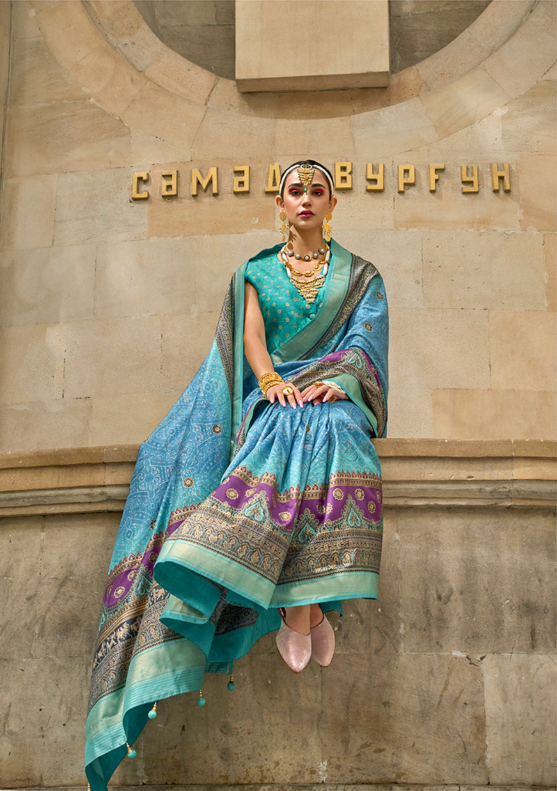 Monjolika Fashion Foil Print Firozi Viscose Silk Classic Saree | Grocsy