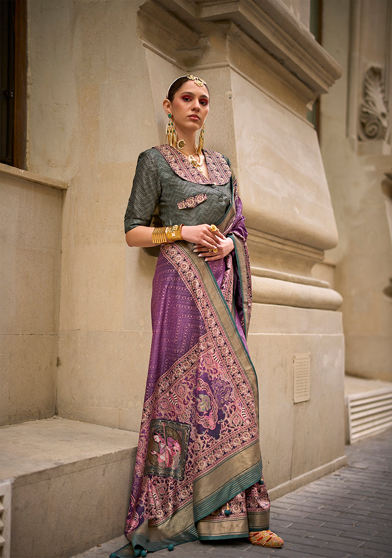 Monjolika Fashion Foil Print Purple Viscose Silk Classic Saree | Grocsy