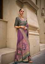 Monjolika Fashion Foil Print Purple Viscose Silk Classic Saree | Grocsy
