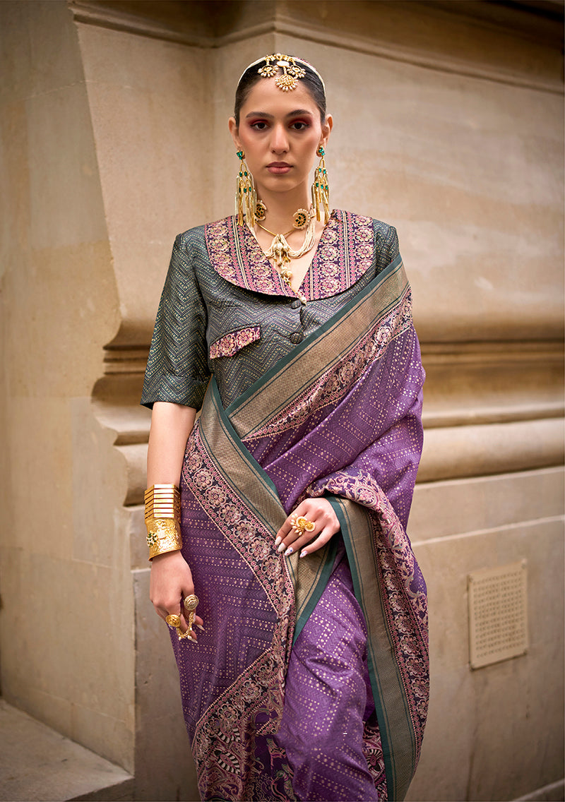 Monjolika Fashion Foil Print Purple Viscose Silk Classic Saree | Grocsy