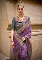 Monjolika Fashion Foil Print Purple Viscose Silk Classic Saree | Grocsy