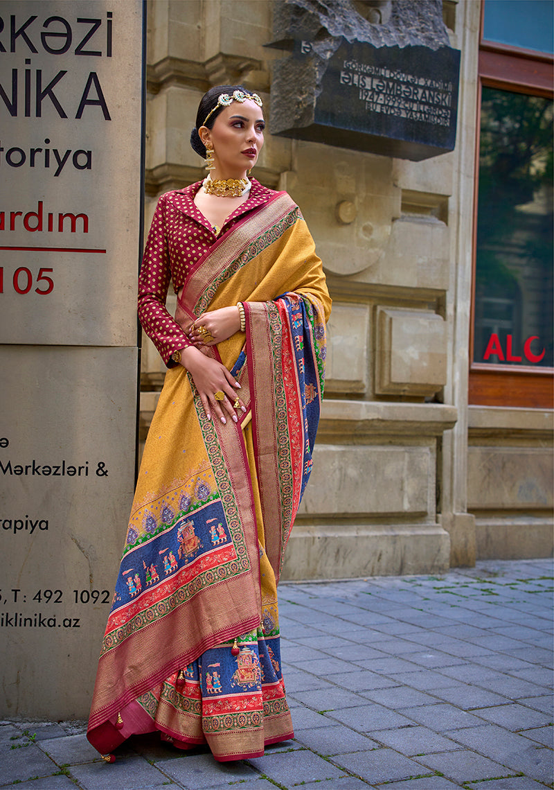 Monjolika Fashion Foil Print Yellow Viscose Silk Classic Saree | Grocsy