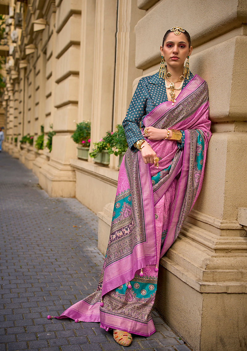 Monjolika Fashion Foil Print Pink Viscose Silk Classic Saree | Grocsy