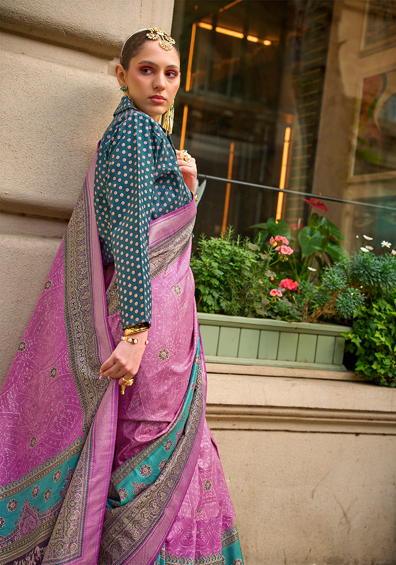 Monjolika Fashion Foil Print Pink Viscose Silk Classic Saree | Grocsy