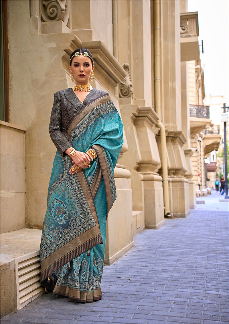 Monjolika Fashion Foil Print Turquoise Viscose Silk Classic Saree | Grocsy
