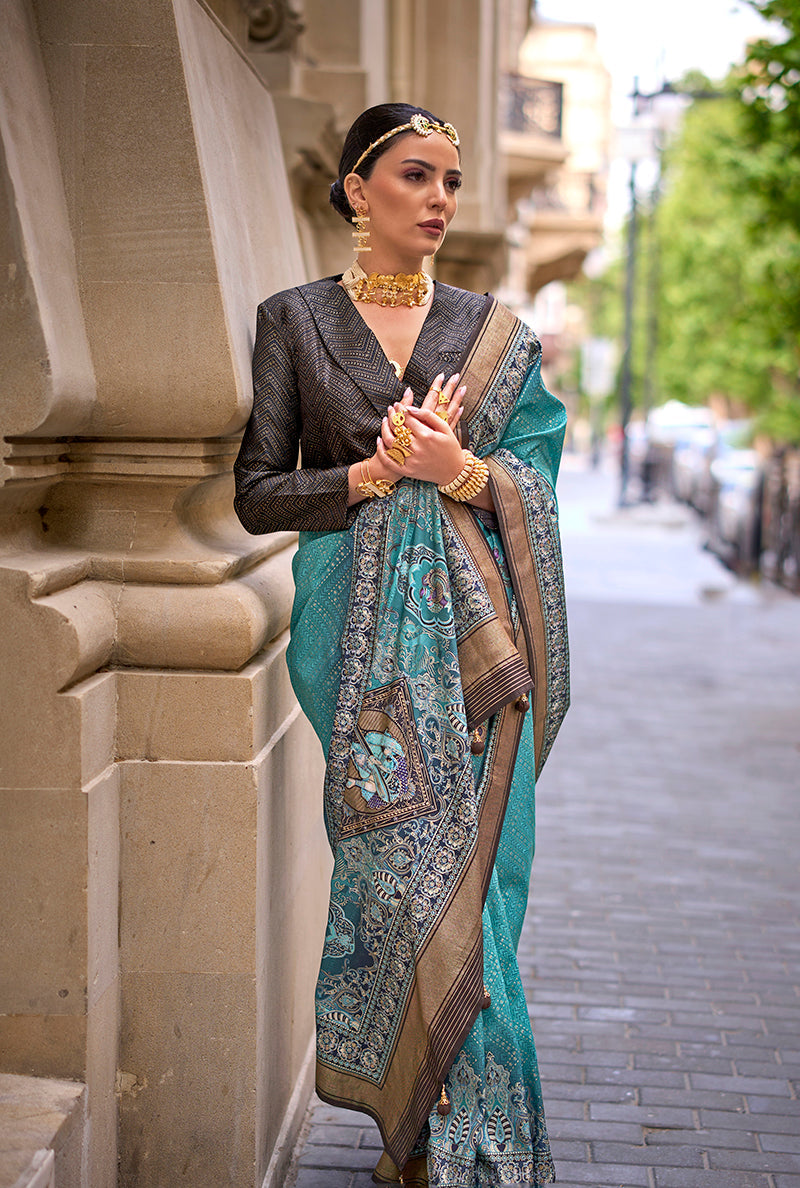 Monjolika Fashion Foil Print Turquoise Viscose Silk Classic Saree | Grocsy