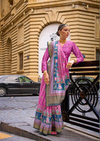 Monjolika Fashion Foil Print Pink Viscose Silk Classic Saree | Grocsy