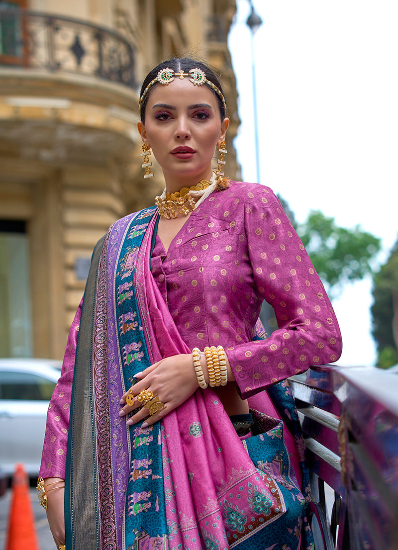 Monjolika Fashion Foil Print Pink Viscose Silk Classic Saree | Grocsy