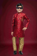 Raivat Ethnic Kids Banarasi Jacquard Woven Work Semi Indo Western Set Maroon Colour | Grocsy