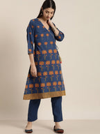 All About You Women Blue Floral Printed Angrakha Kurta with Trousers | Grocsy