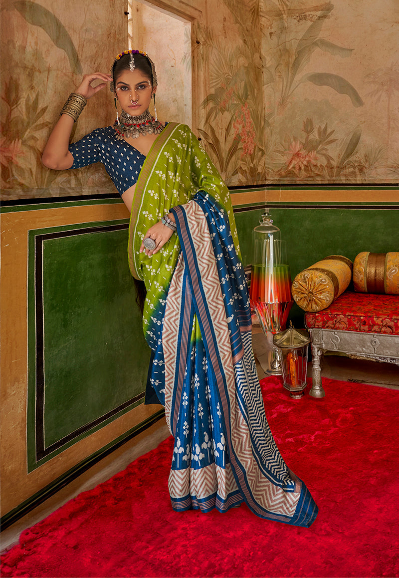Monjolika Fashion Green & Navy Blue Mercerized Sigma Silk Saree with Aqua Finish | Grocsy