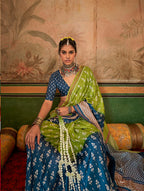 Monjolika Fashion Green & Navy Blue Mercerized Sigma Silk Saree with Aqua Finish | Grocsy