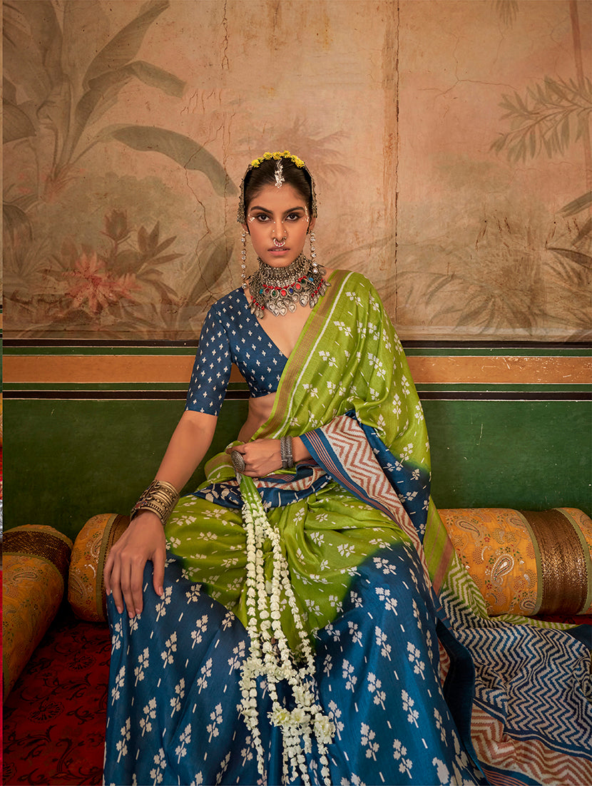 Monjolika Fashion Green & Navy Blue Mercerized Sigma Silk Saree with Aqua Finish | Grocsy