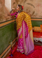 Monjolika Fashion Mustard & Magenta Mercerized Sigma Silk Saree with Aqua Finish | Grocsy