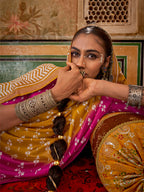 Monjolika Fashion Mustard & Magenta Mercerized Sigma Silk Saree with Aqua Finish | Grocsy