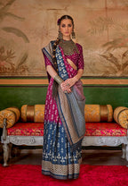 Monjolika Fashion Magenta & Navy Blue Mercerized Sigma Silk Saree with Aqua Finish | Grocsy