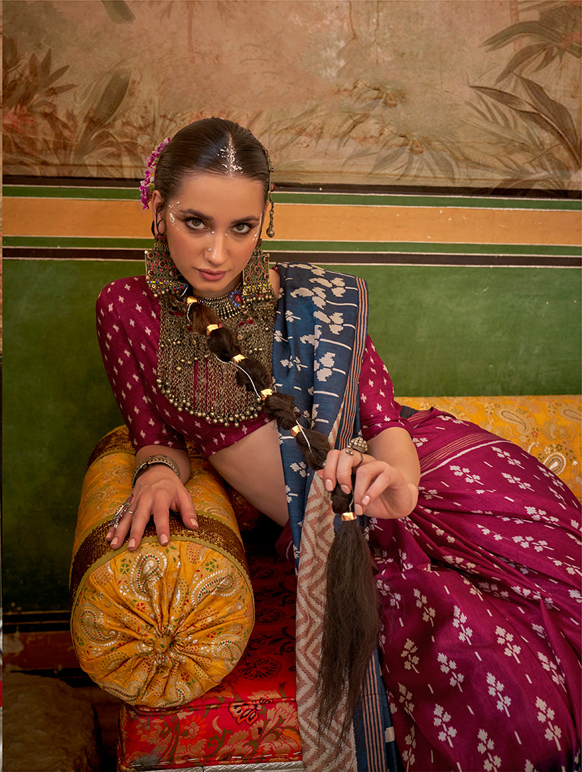 Monjolika Fashion Magenta & Navy Blue Mercerized Sigma Silk Saree with Aqua Finish | Grocsy