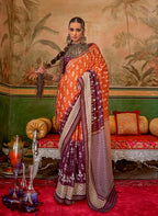 Monjolika Fashion Orange & Plum Mercerized Sigma Silk Saree with Aqua Finish | Grocsy