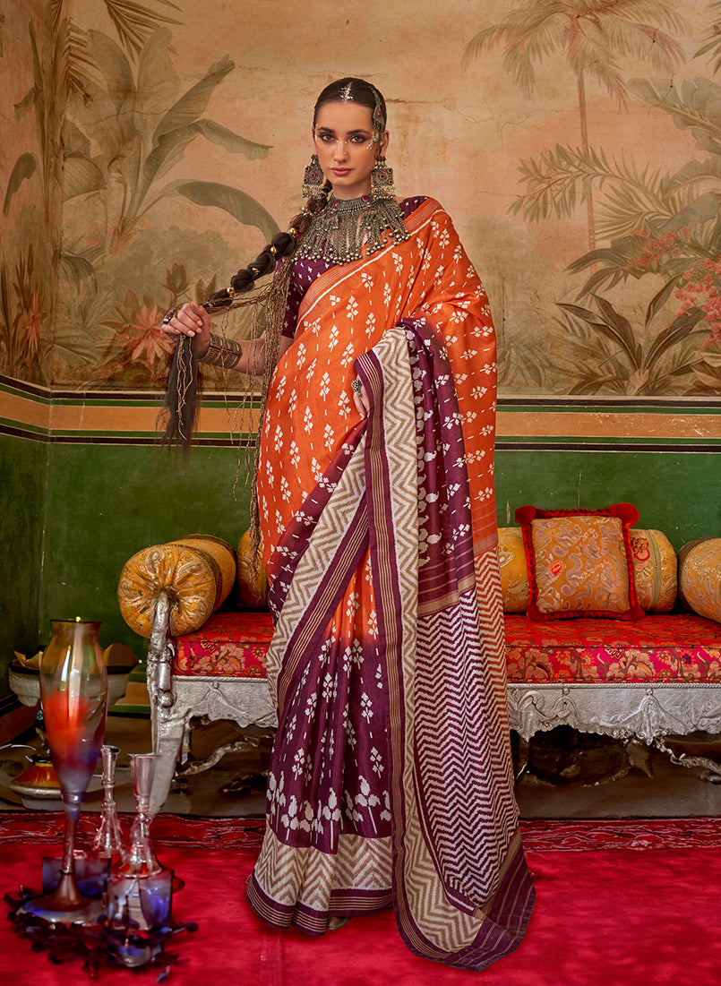 Monjolika Fashion Orange & Plum Mercerized Sigma Silk Saree with Aqua Finish | Grocsy