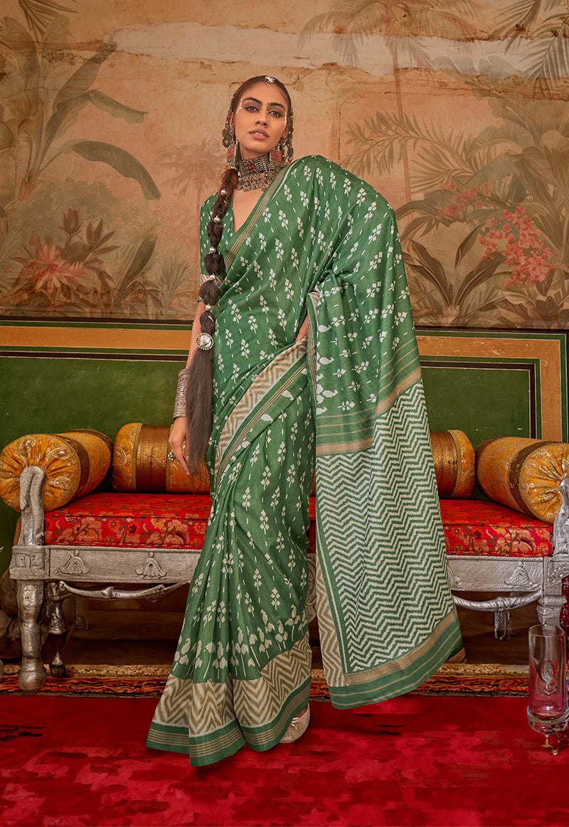 Monjolika Fashion Green Mercerized Sigma Silk Saree with Aqua Finish | Grocsy