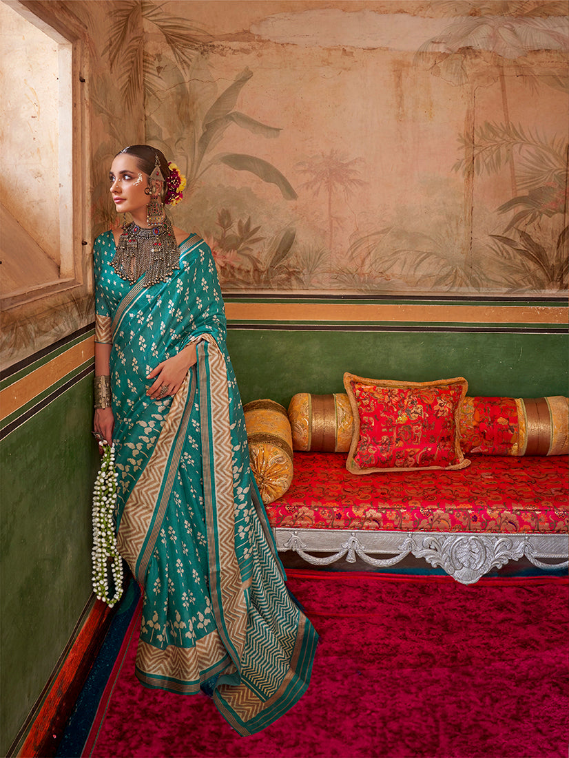 Monjolika Fashion Aqua Blue Mercerized Sigma Silk Saree with Aqua Finish | Grocsy