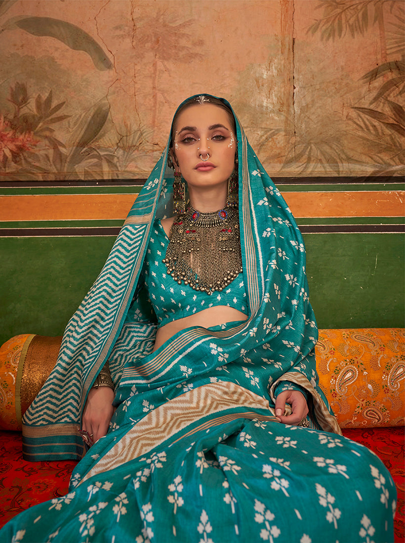 Monjolika Fashion Aqua Blue Mercerized Sigma Silk Saree with Aqua Finish | Grocsy