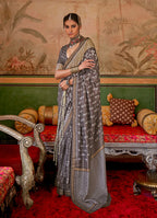 Monjolika Fashion Grey Mercerized Sigma Silk Saree with Aqua Finish | Grocsy
