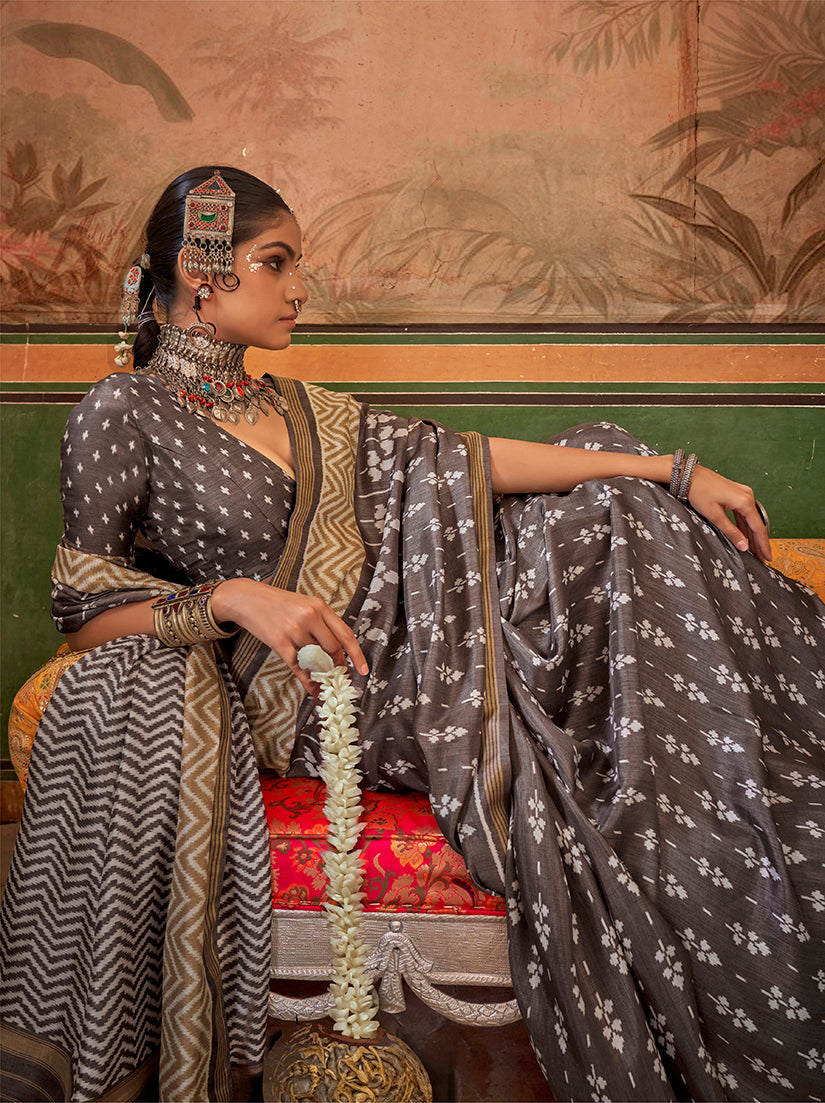 Monjolika Fashion Grey Mercerized Sigma Silk Saree with Aqua Finish | Grocsy