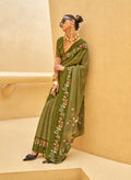 Monjolika Fashion Dark Olive Green Printed Georgette Contemporary Saree | Grocsy