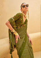 Monjolika Fashion Dark Olive Green Printed Georgette Contemporary Saree | Grocsy