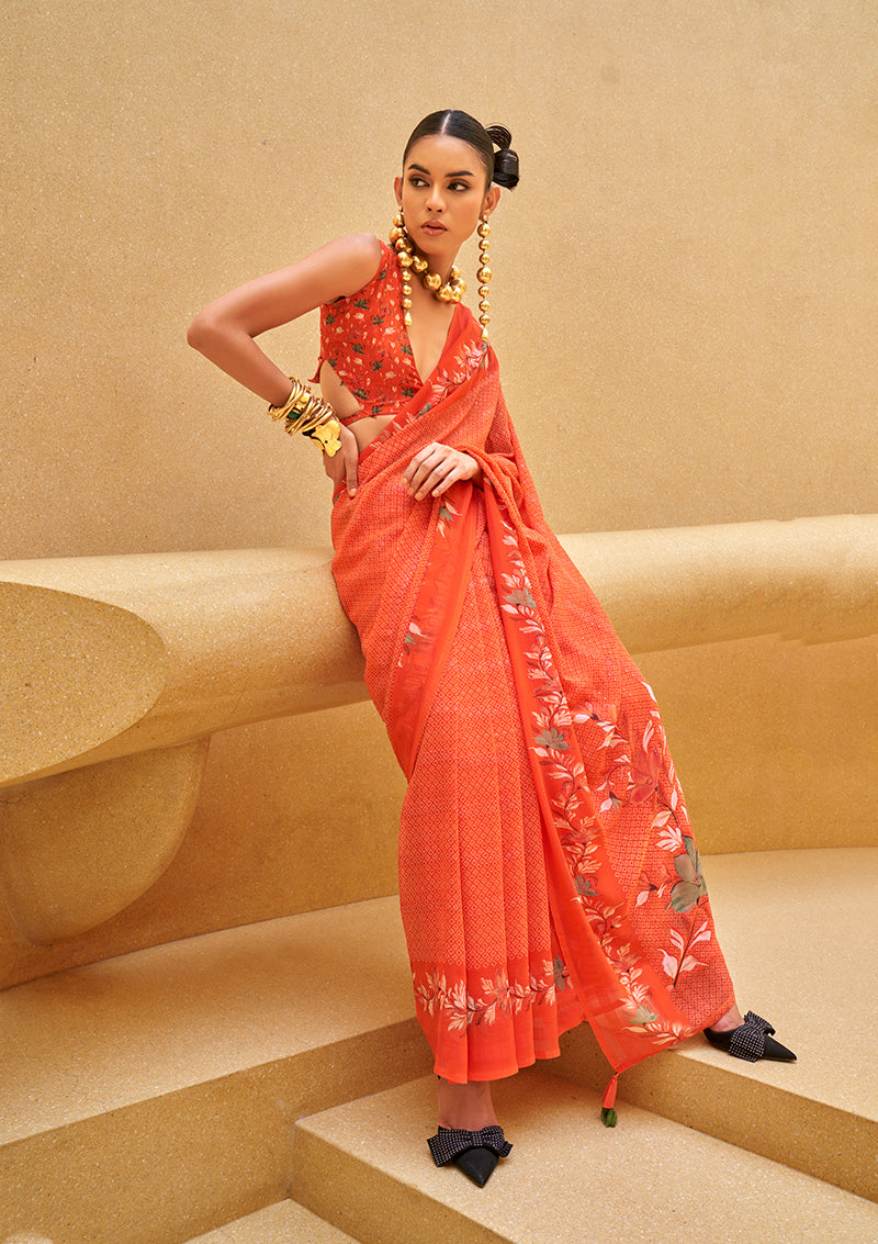 Monjolika Fashion Salmon Printed Georgette Contemporary Saree | Grocsy