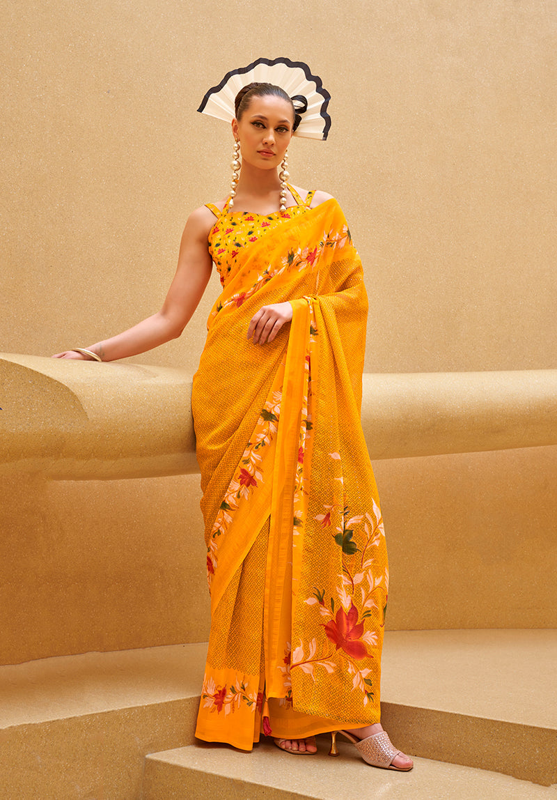 Monjolika Fashion Yellow Printed Georgette Contemporary Saree | Grocsy