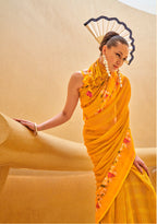 Monjolika Fashion Yellow Printed Georgette Contemporary Saree | Grocsy