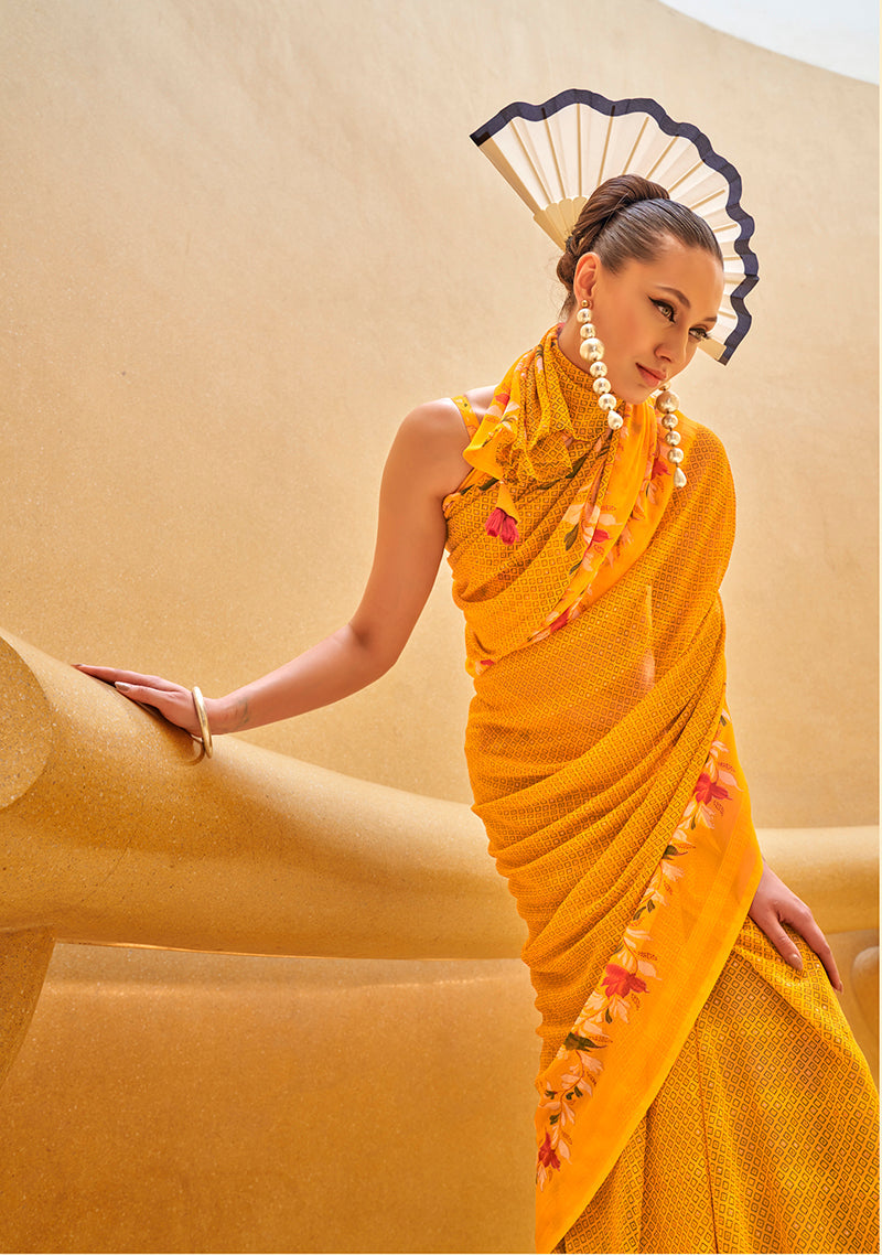 Monjolika Fashion Yellow Printed Georgette Contemporary Saree | Grocsy