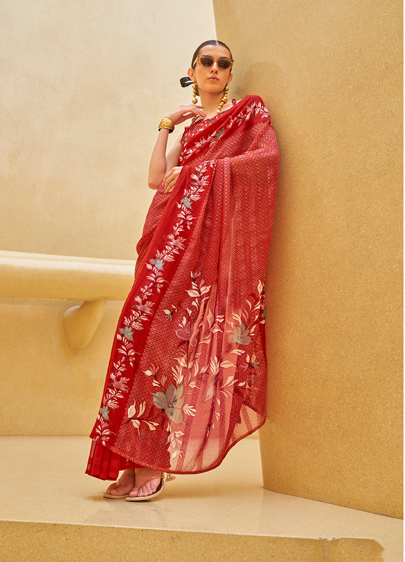 Monjolika Fashion Red Printed Georgette Contemporary Saree | Grocsy
