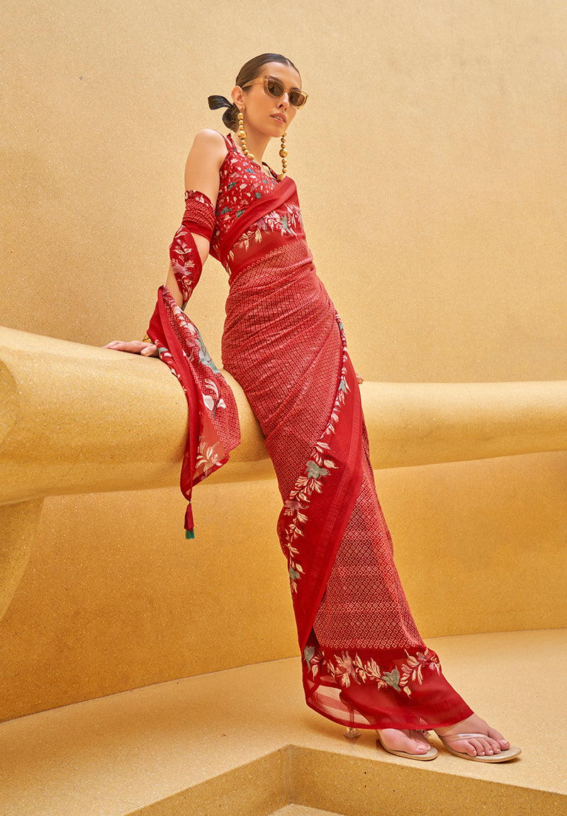 Monjolika Fashion Red Printed Georgette Contemporary Saree | Grocsy