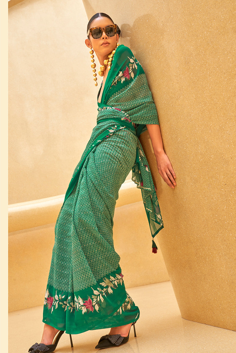Monjolika Fashion Green Printed Georgette Contemporary Saree | Grocsy