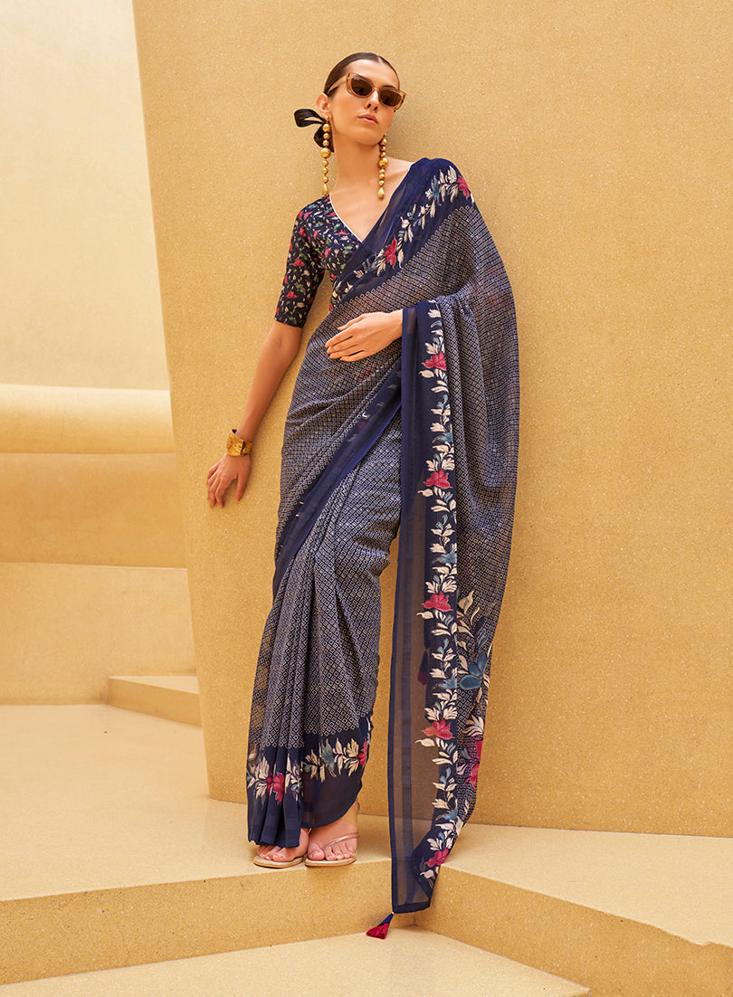 Monjolika Fashion Navy Blue Printed Georgette Contemporary Saree | Grocsy