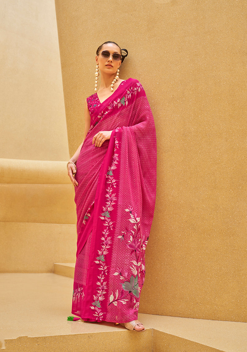 Monjolika Fashion Rani Pink Printed Georgette Contemporary Saree | Grocsy